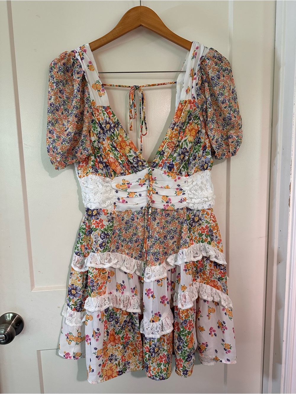 Altar'd State White Floral Lace-Trim Puff Sleeve Mini Dress